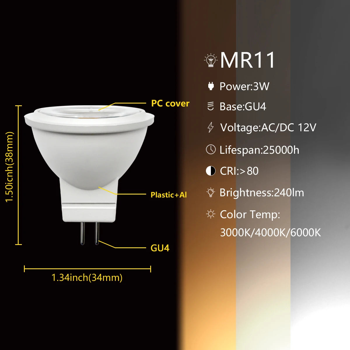 projecteur led mr11 gu4 12v 3w blanc moderne 3000k 4000k 6000k