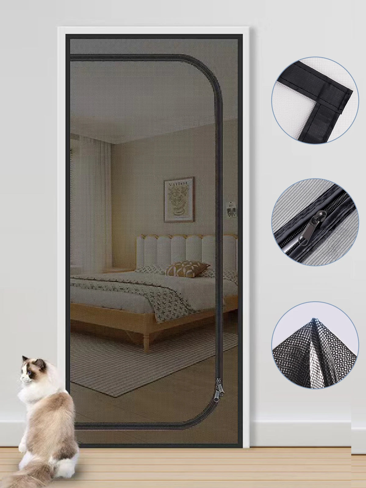 rideau moustiquaire fenêtre porte maille fine fermeture éclair clips gris noir protection insectes maison