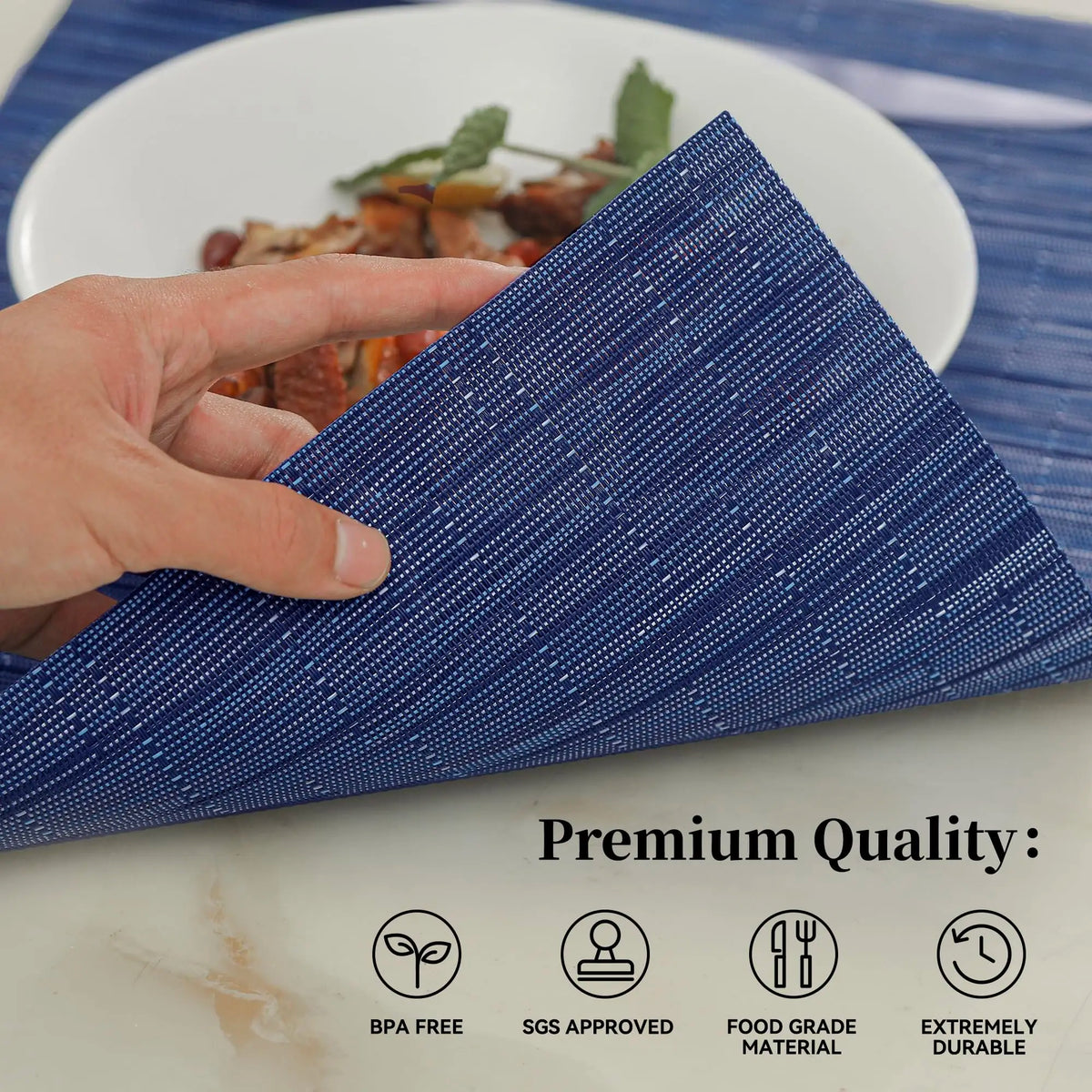 tapis table moderne bleu marine rayures fines 18in 12in durable vinyle respectueux environnement