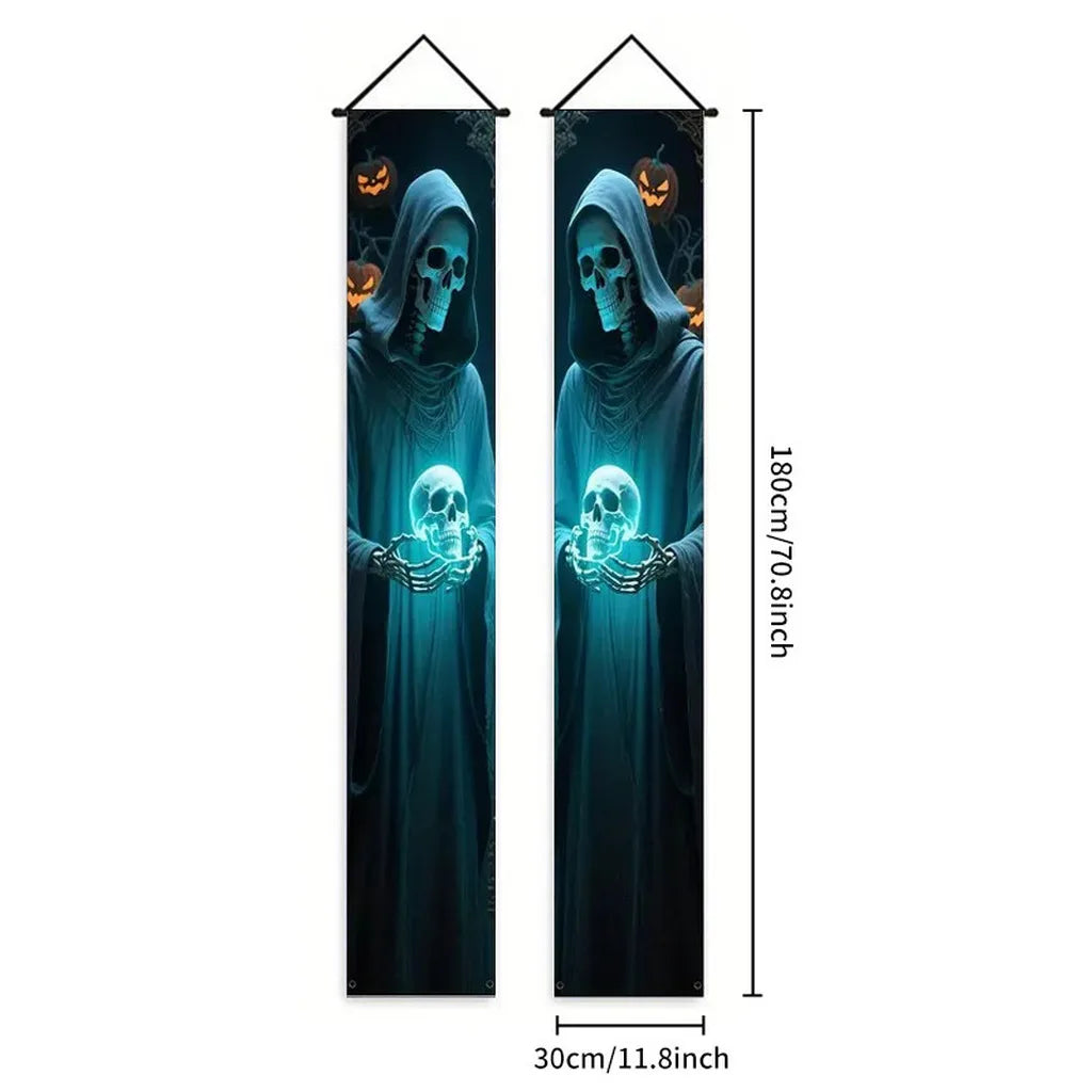 bannière suspendue halloween squelettes personnages costumés colonnes architecturales 180cm 30cm