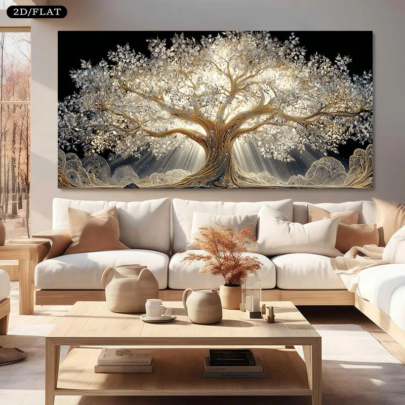 toile d'art contemporaine arbre doré lumière salon chambre vertical sans cadre