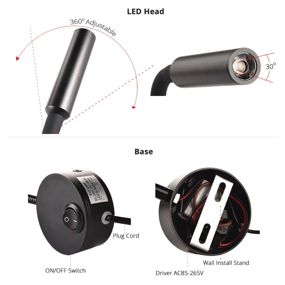 lampe murale led flexible aluminium lecture chevet moderne blanc noir argent