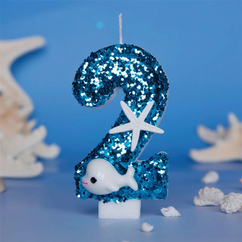 bougies forme chiffre bleu paillette motif marin dauphin étoile mer anniversaire cire paraffine