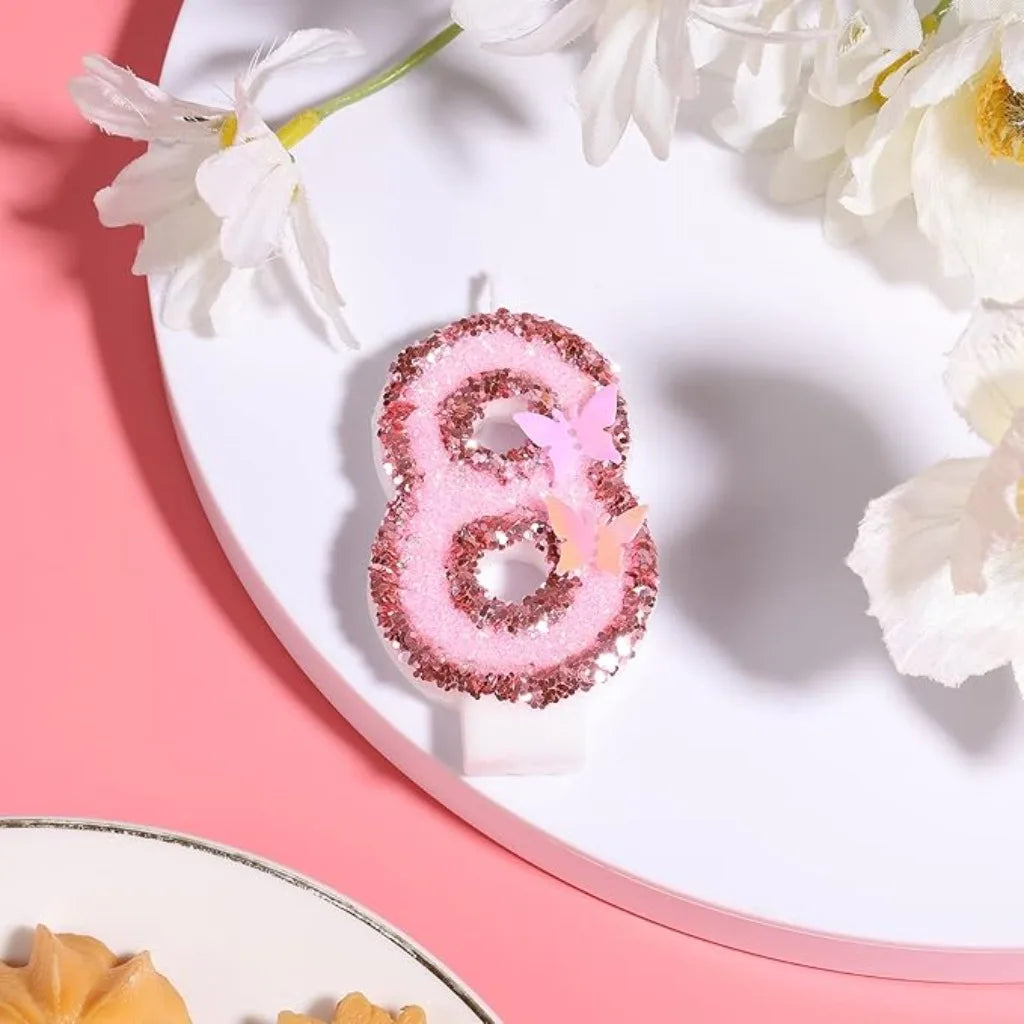 bougies anniversaire forme chiffres rose pailletées papillons relief festives
