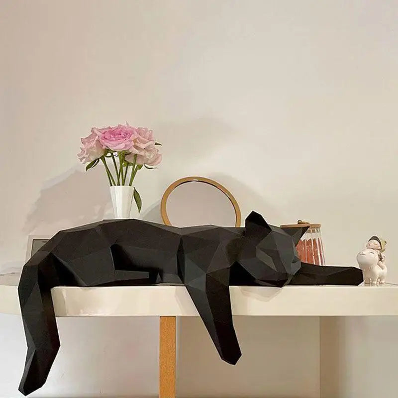 sculpture géométrique chat noir blanc moderne décoration intérieure papier découpé minimaliste assembleur