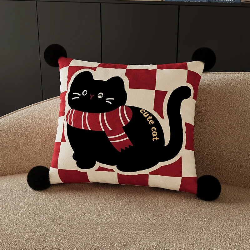 coussin housse chat noir foulard imprimé polyster rectangle décoration cartoon