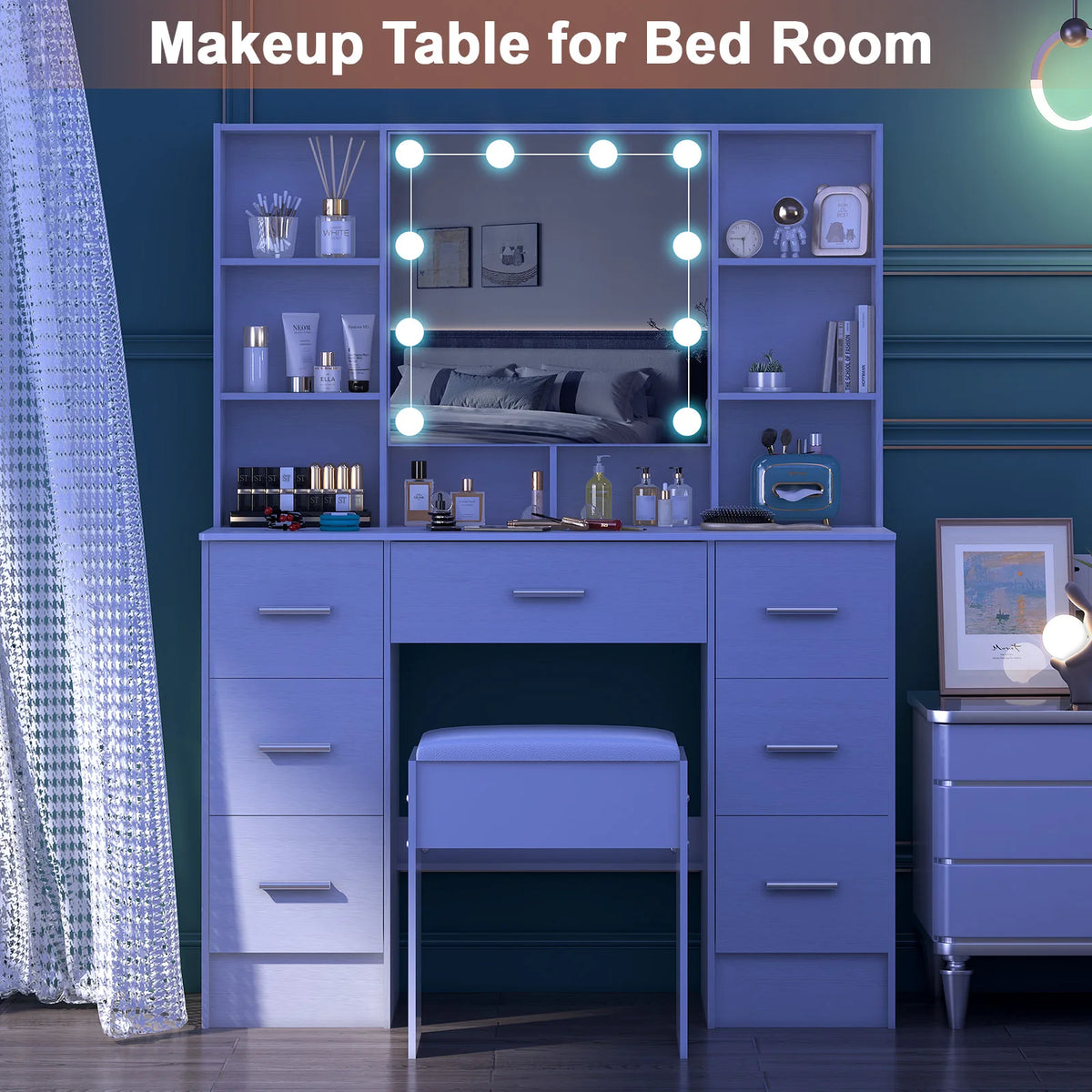table maquillage moderne blanc miroir glissière éclairage led