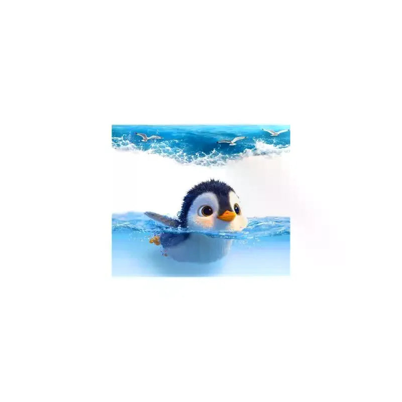 cache wc adhésif illustration animée pingouin oiseaux vague bleu blanc gris orange