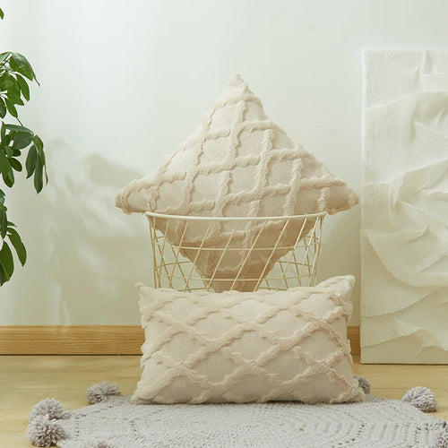housse coussin décorative motif géométrique moderne canapé lit salon beige rose blanc luxe
