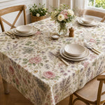 nappe table motifs floraux papillons blanc cassé rose violet verte festive champêtre romantique vintage