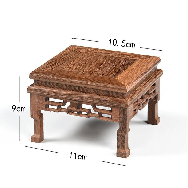 support présentation bois marron foncé figurines moines feng shui artisanal