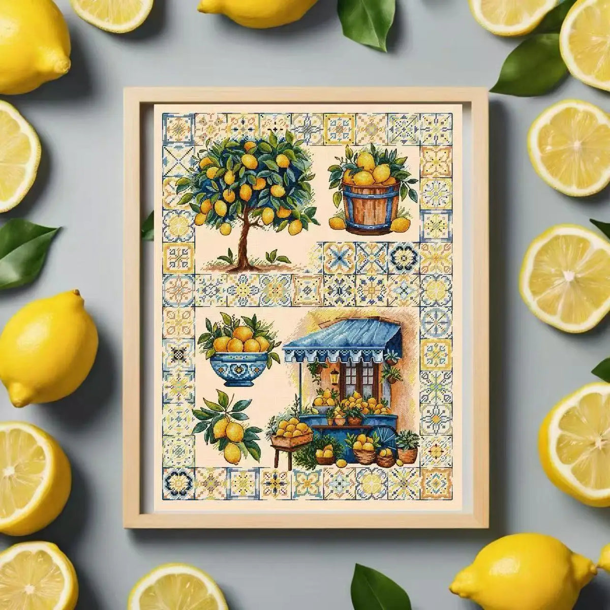 Kit broderie floral fruits scènes marché instructions rubans cartes couleurs aida coton traditionnel