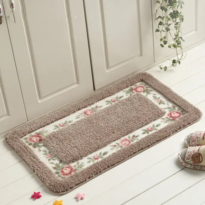 tapis sol fleurs roses feuilles vertes doux moelleux rose clair vert beige classique confortable