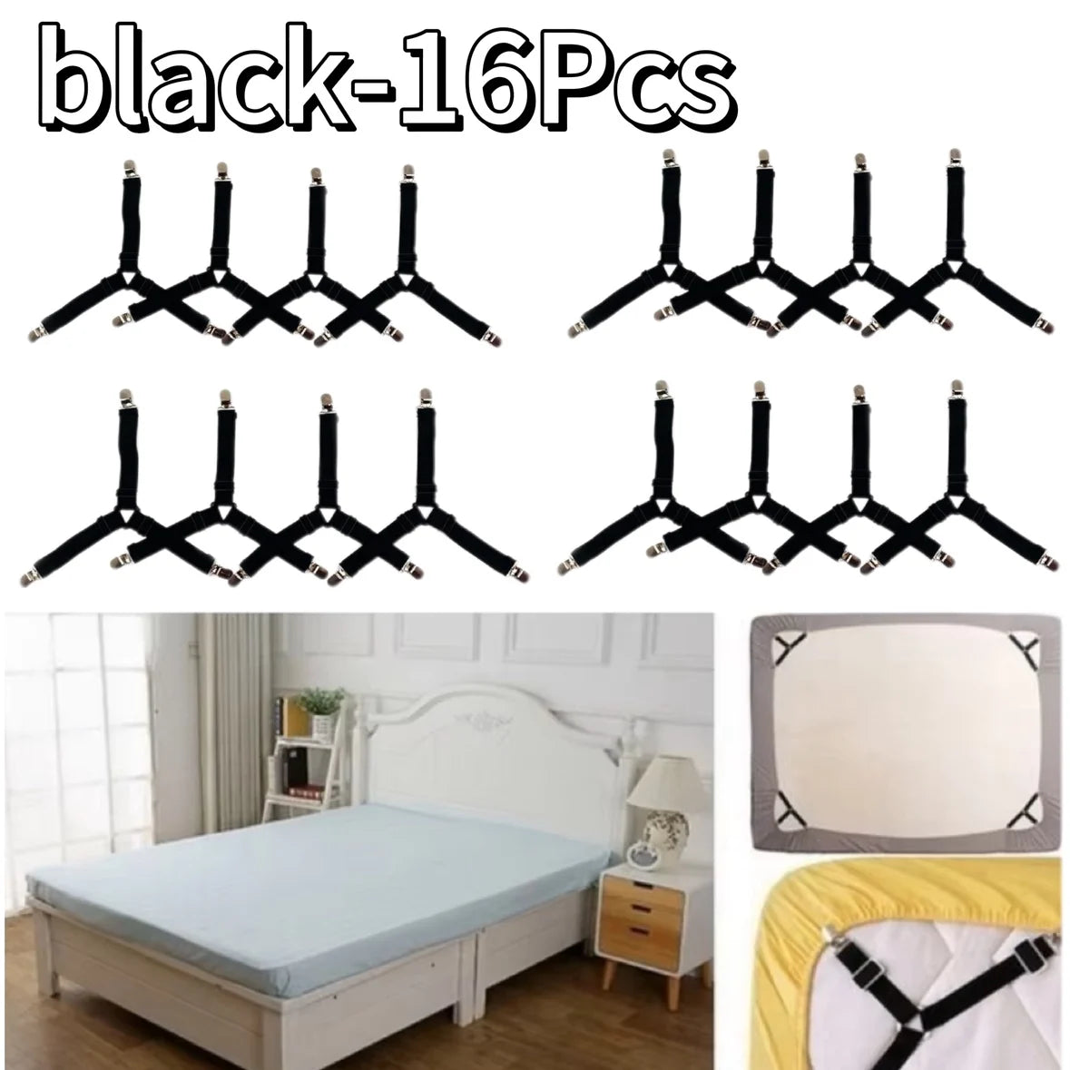 attaches drap lit clips élastiques noir blanc réglables anti tirage ignifuge polyester modernes