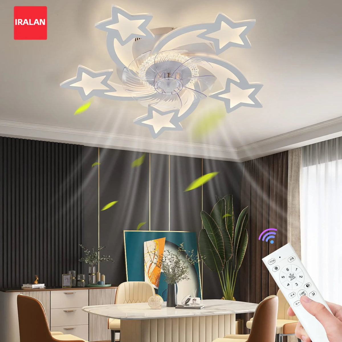 ventilateur moderne étoile blanc lumineux télécommande vitesses led silencieux chambre salon