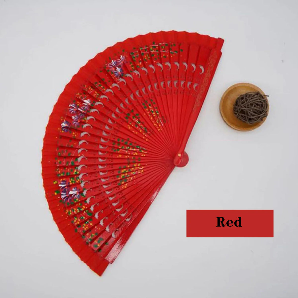 éventail traditionnel bois motif fleurs géométriques rouge bleu rose vert Jaune Noir