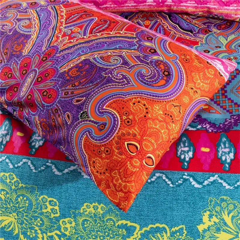 housse couette bohème ethnique motifs floraux géométriques rouge vif rose violet orange jaune 3pc