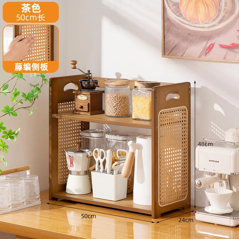 étagère cuisine moderne rattan noir boîte rangement transparent tasses motifs cafetière couteau pince fouet