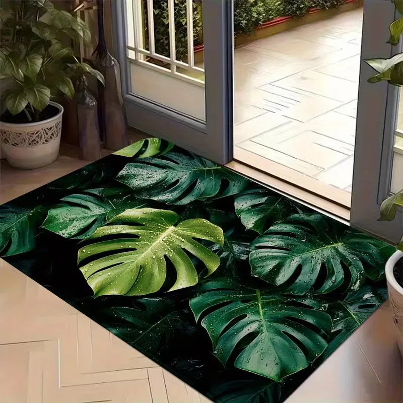 tapis vert feuilles stylisées moderne antidérapant résistant décoloration 30x50cm 40x60cm 50x80cm salon bain