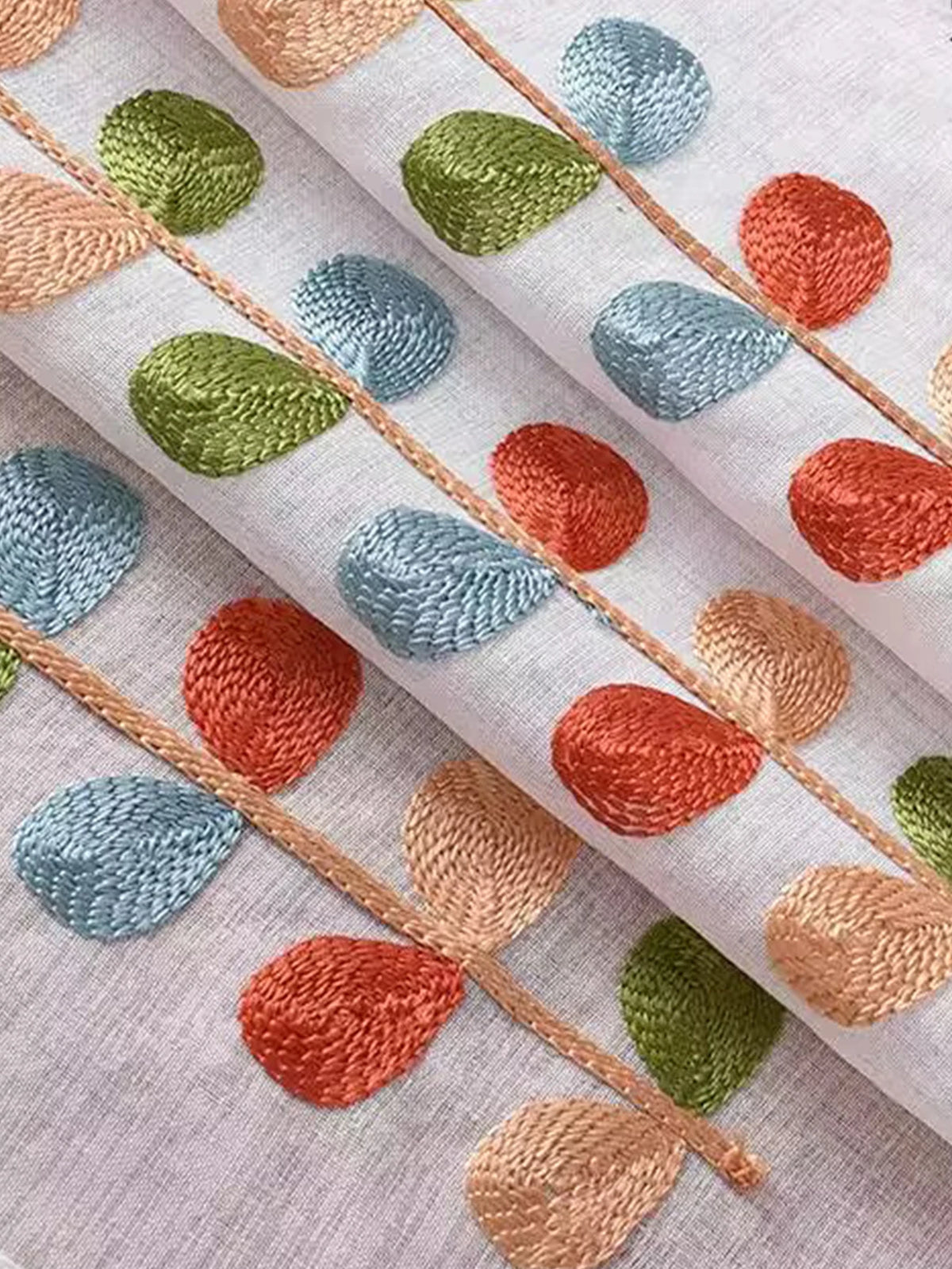 rideau semi transparent feuilles stylisées blanc orange vert bleu bohème polyester chambre cuisine