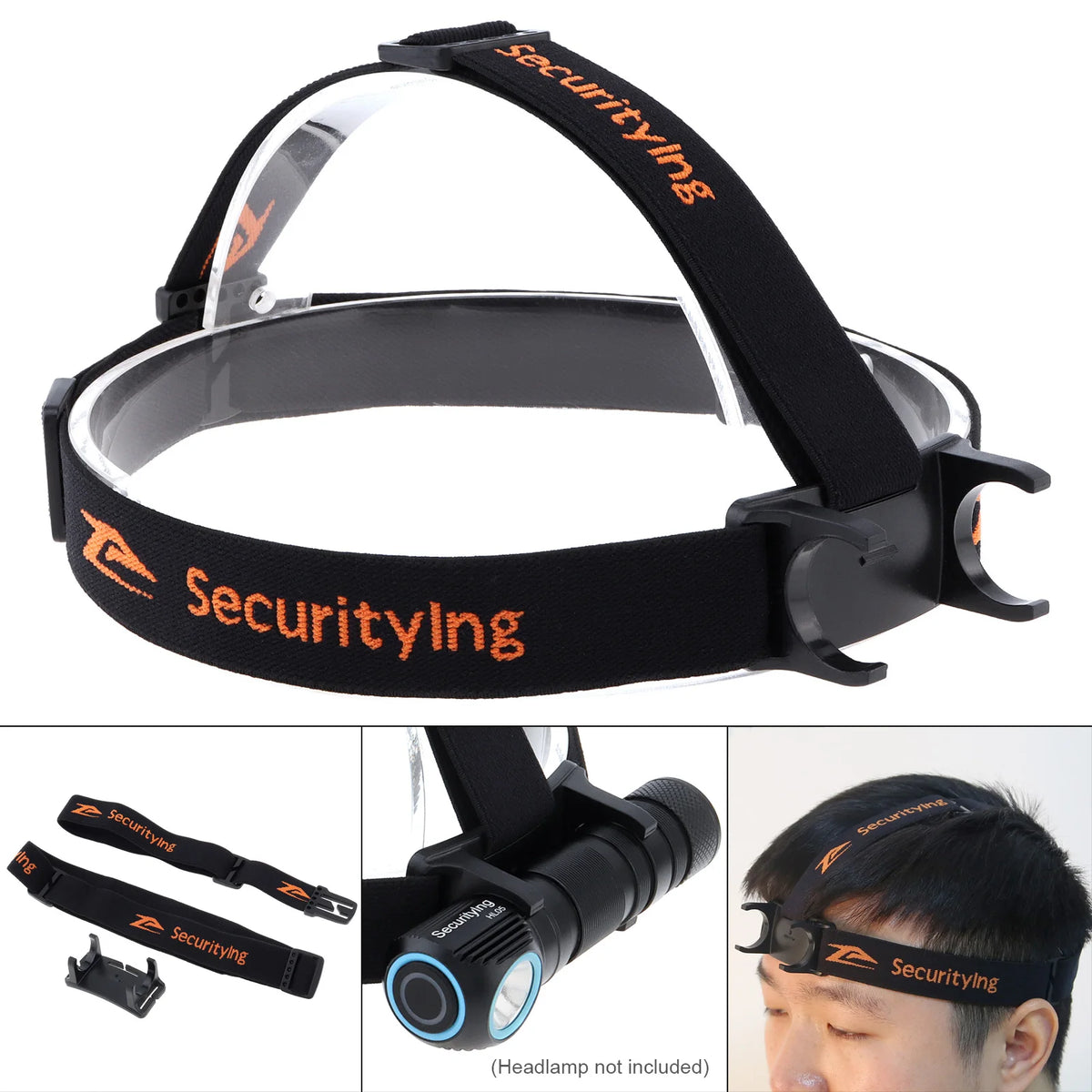 ceinture fixation lampe frontale noir orange logo securitying boucle glissière pragmatique fonctionnelle