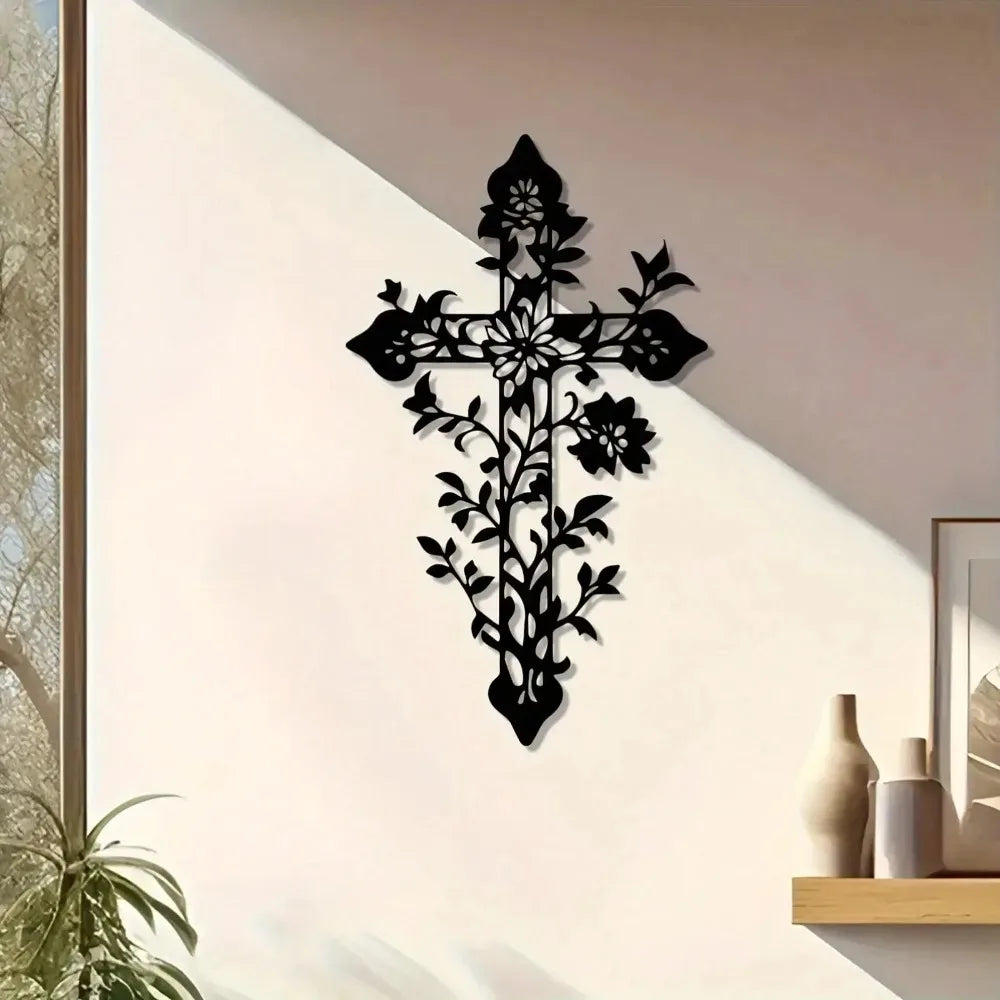 décoration murale croix motifs floraux noir artisanal fleurs feuilles mur