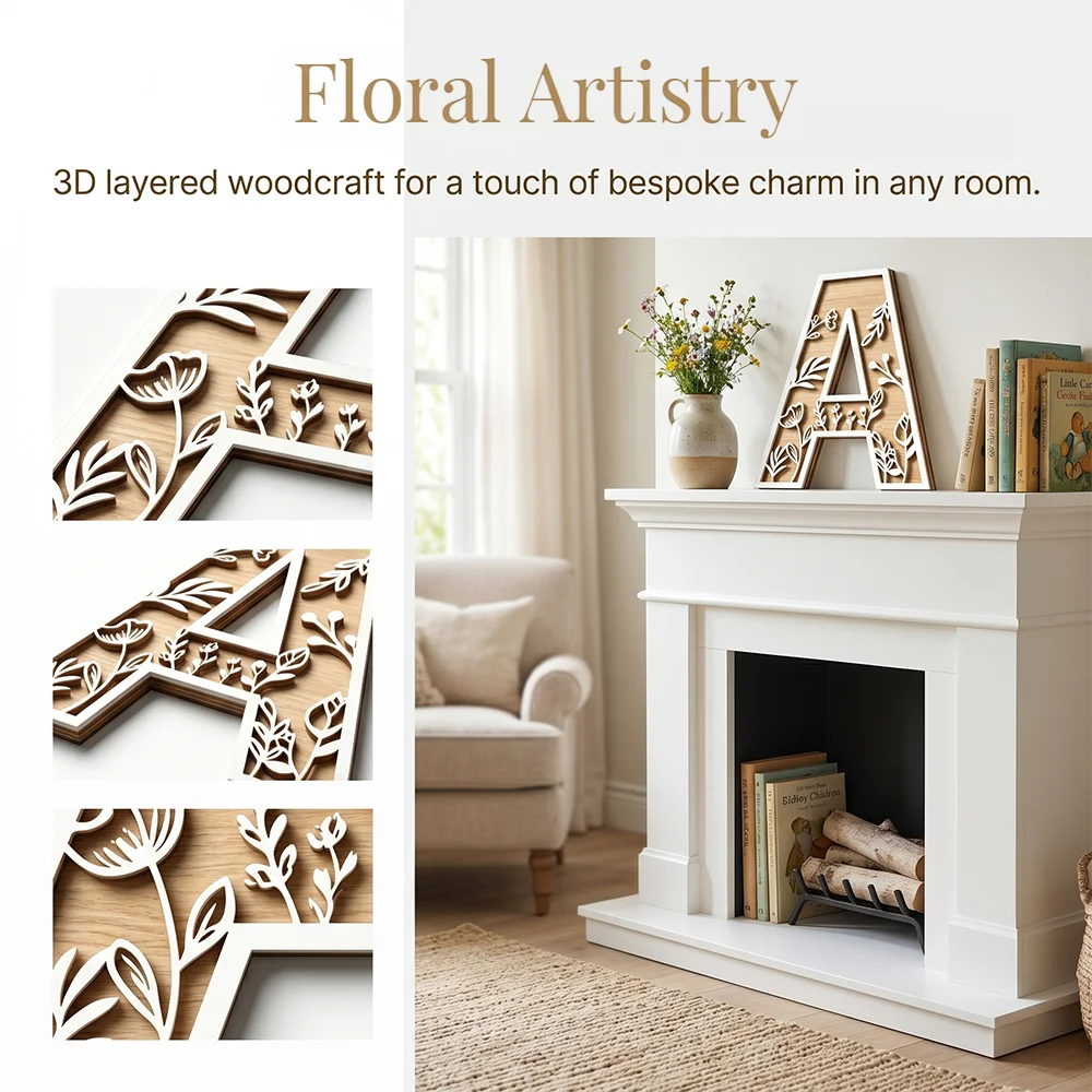 lettre decorative bois naturel blanc motif floral gravee artisanale decoration murale salon