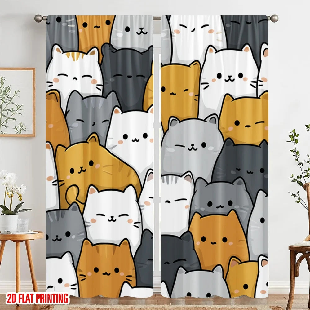 rideau moderne chatons mignons souriant blanc gris orange polyester pièces