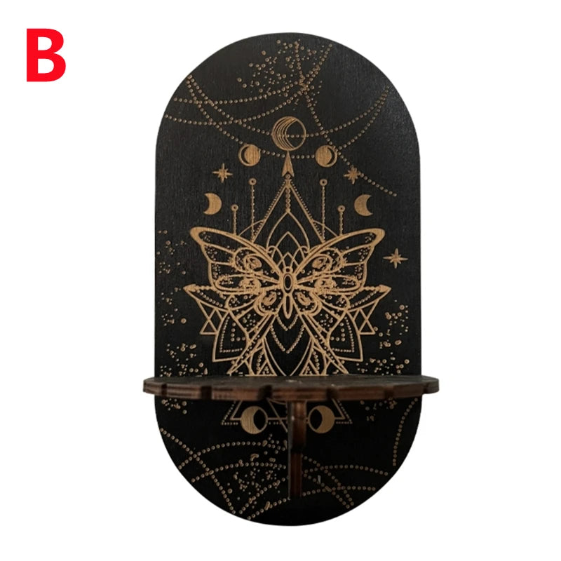 étagère murale noire dorée ornementations astrologiques pendeloques semi précieuses artisanal