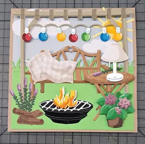 découpe papier scrapbooking fleurs bancs table chaises lanterne arbres pommes oiseaux arches végétales motifs