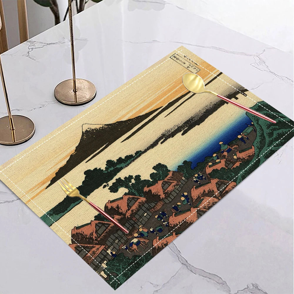 tapis table lin moderne motifs artistiques beige bleu orange noir jaune respectueux environnement 30x40cm