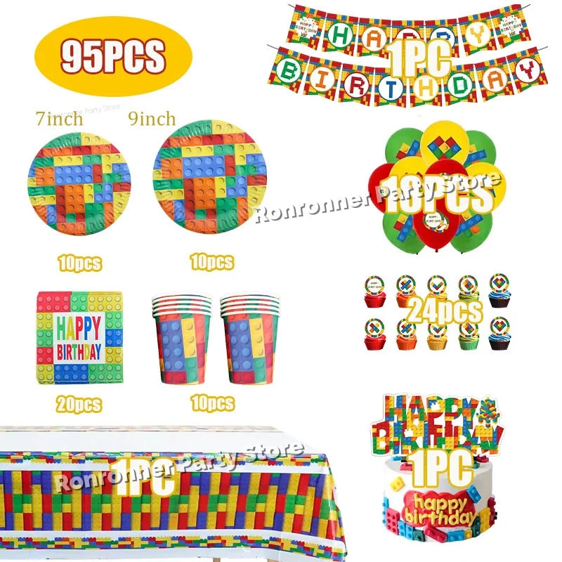 accessoires fête thème construction multicolore serviettes gobelets toppers cupcake gâteau nappe bannières sacs cadeaux