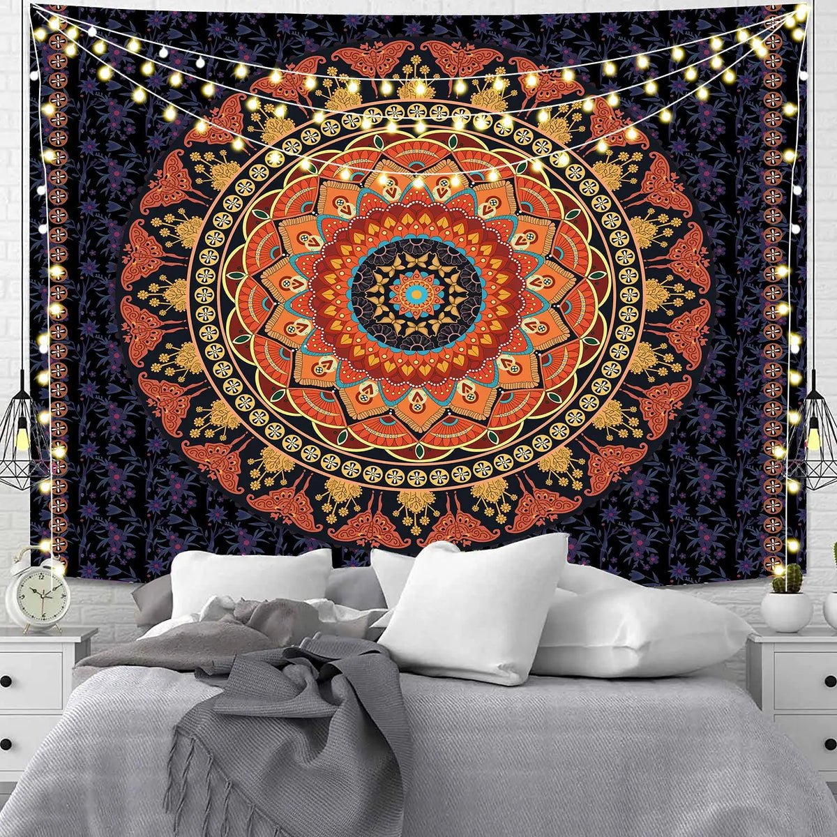 tapisserie murale mandala bohème bleu orange noir éléphant géométrique polyester rectangle