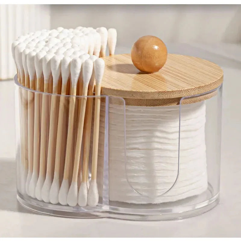rangement transparent compartiments bois coton tiges disques démaquillants boite plastique moderne minimaliste