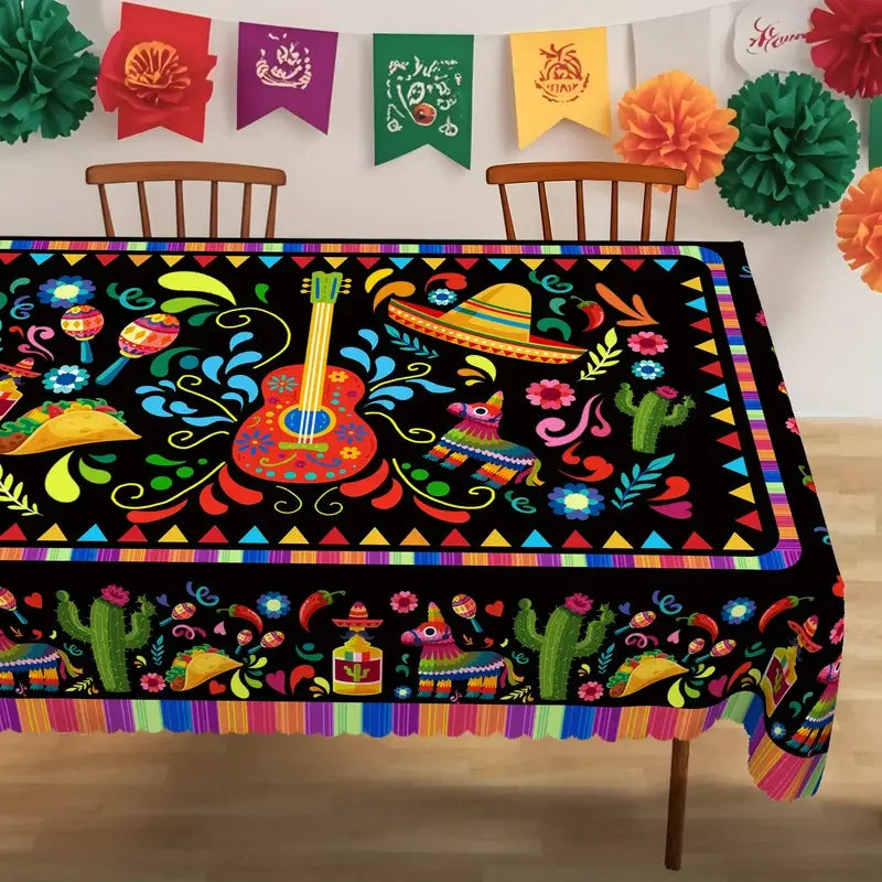 nappe mexicaine folklorique multicolore motif traditionnel cactus fleurs sombrero guitarrette table festive jours morts