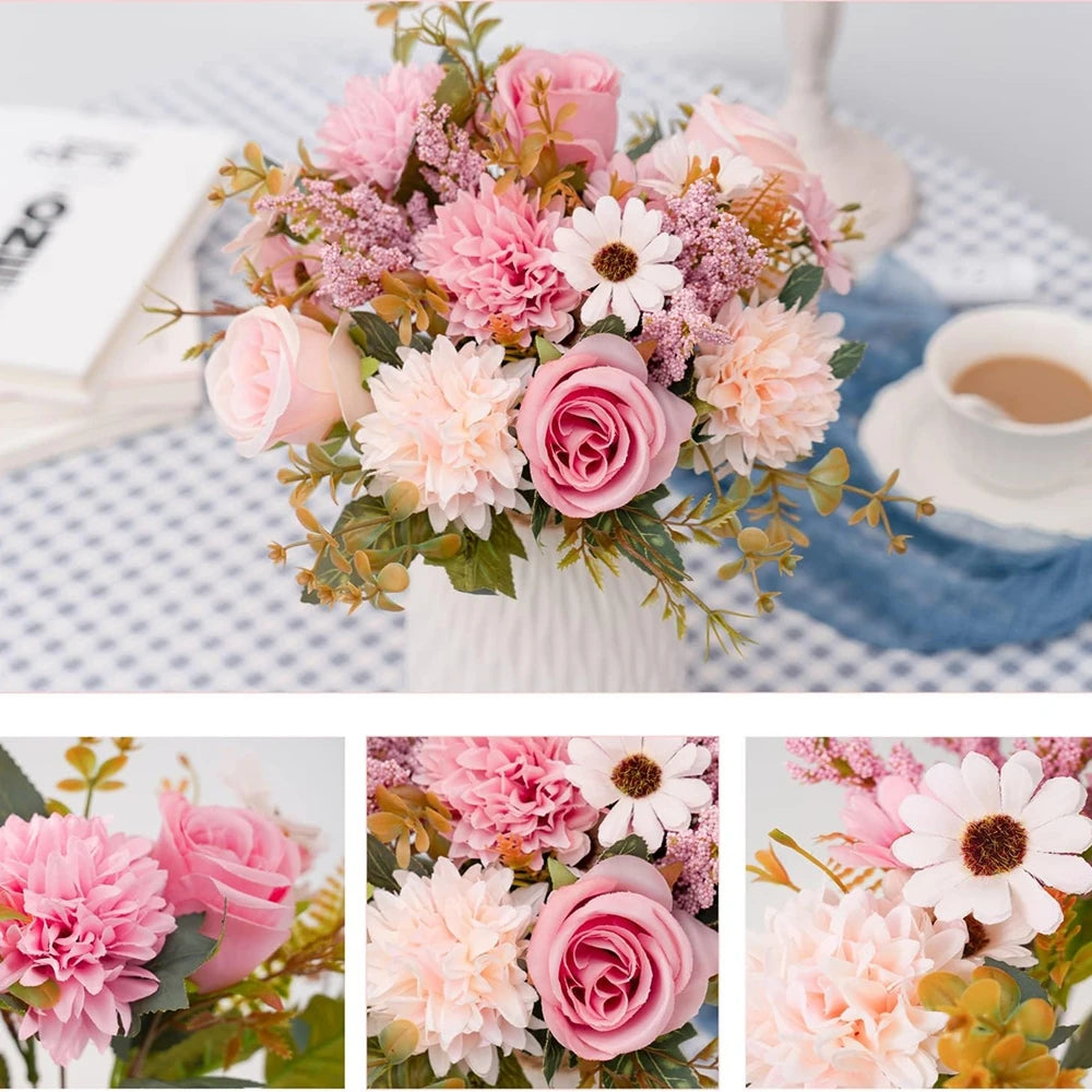 Bouquet artificiel classique rose blanc feuilles vertes vase blanc décoration table mariage anniversaire baby
