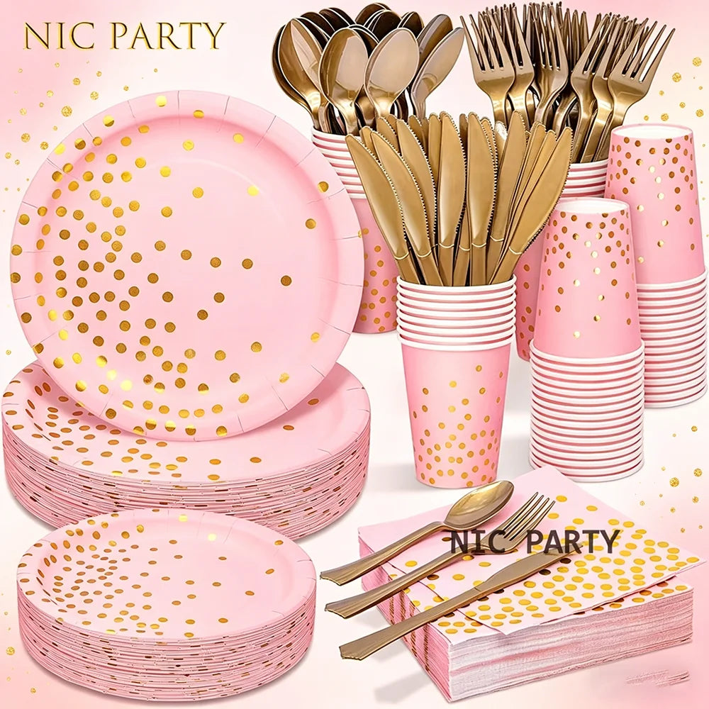 assiettes papier verres serviettes nappe fête anniversaire filles rose doré points
