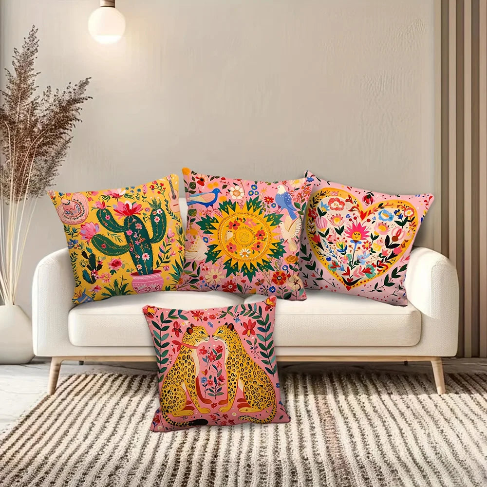 housse coussin imprimée double face motifs floraux animaux multicolores moderne polyester amovible lavable 35cm
