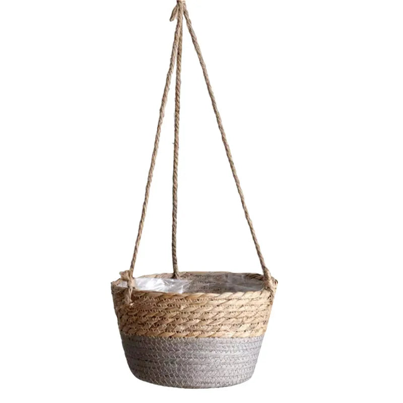 panier suspendu tissé fibres naturelles beige gris vert rustique boho chic cordelette plante verteintérieurextérieurDecorationMaison