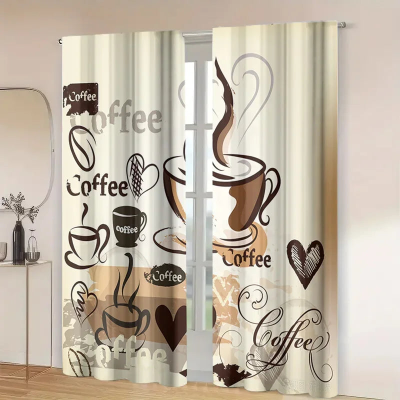 rideau moderne tasses grains coeurs lettrage polyester beige marron noir decoration