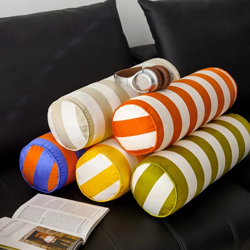 coussin rond velours rayures moderne oreiller décoration maison beige blanc orange blanc vert blanc