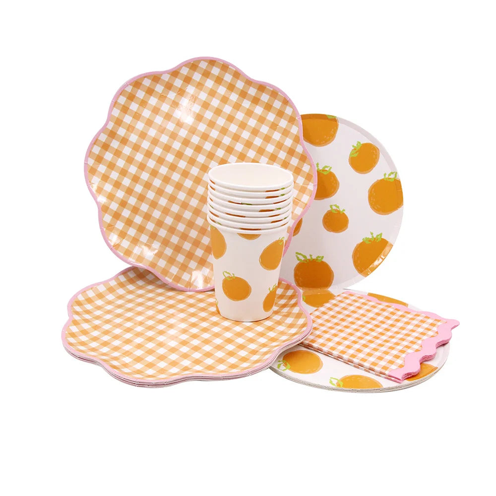 serviettes papier festives carreaux fruits pommes poires anniversaire mariage printemps orange rose