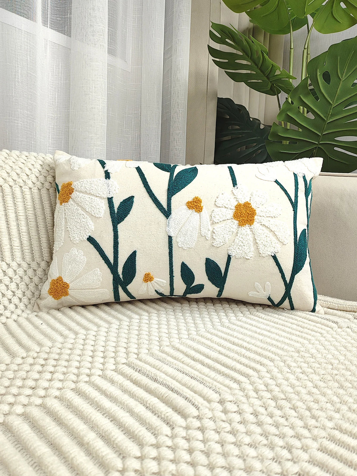 taie d'oreiller brodée fleurs marguerite 100% polyester décoratif salon voiture opacité blanc jaune vert