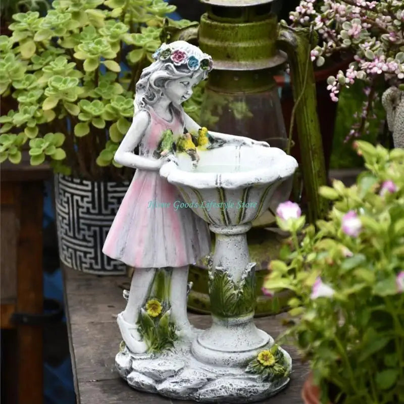 fontaine decorative ange fee jardin lumiere led blanc rose verte fleurs artificielles