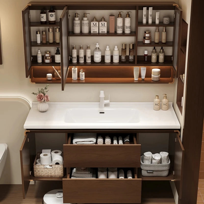 meuble salle bain moderne miroir étagère rangement blanc marron bois naturel