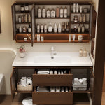 meuble salle bain moderne miroir étagère rangement blanc marron bois naturel