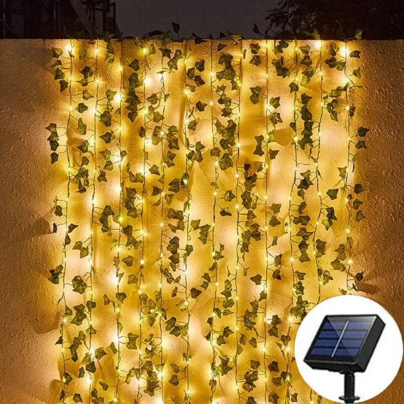 feuilles artificielles guirlande lumineuse solaire extérieur decoration mur pergola lumière led verte jaune