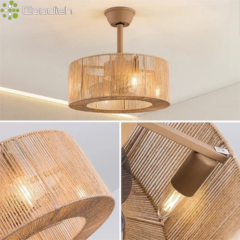 lampe suspendue tissu tressé beige moderne rustique télécommande led salon chambre