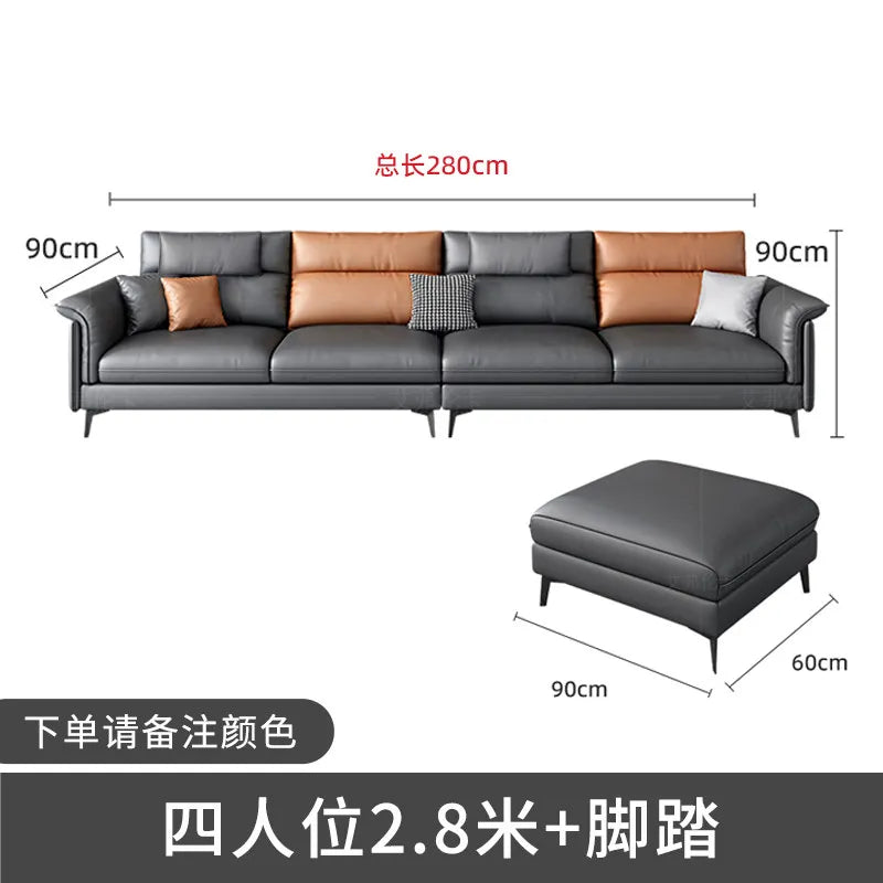 Canapé d'angle moderne cuir gris chaise lounge pieds noirs coussins géométriques salon bois composite