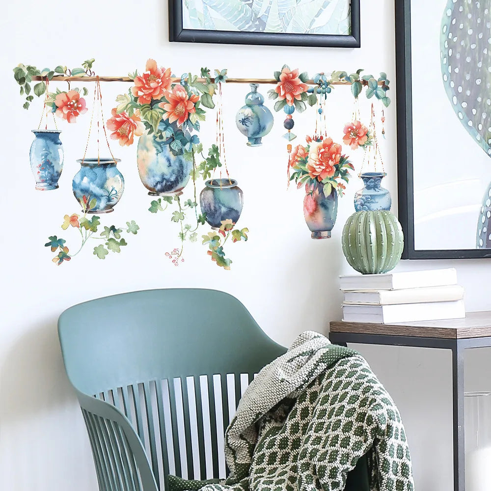 sticker mural fleurs vases colorés art floral vintage auto adhésif pvc résistant eau salon